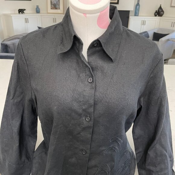 Nygard Collection 3/4 Slv Button Down 100% Linen Blouse w Embroidery Black Sz 8 - Picture 3 of 11